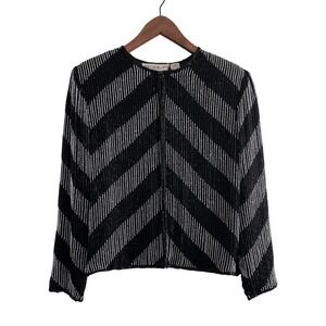 Scala Vintage Beaded Silk Evening Jacket Black White Chevron Geometric Medium